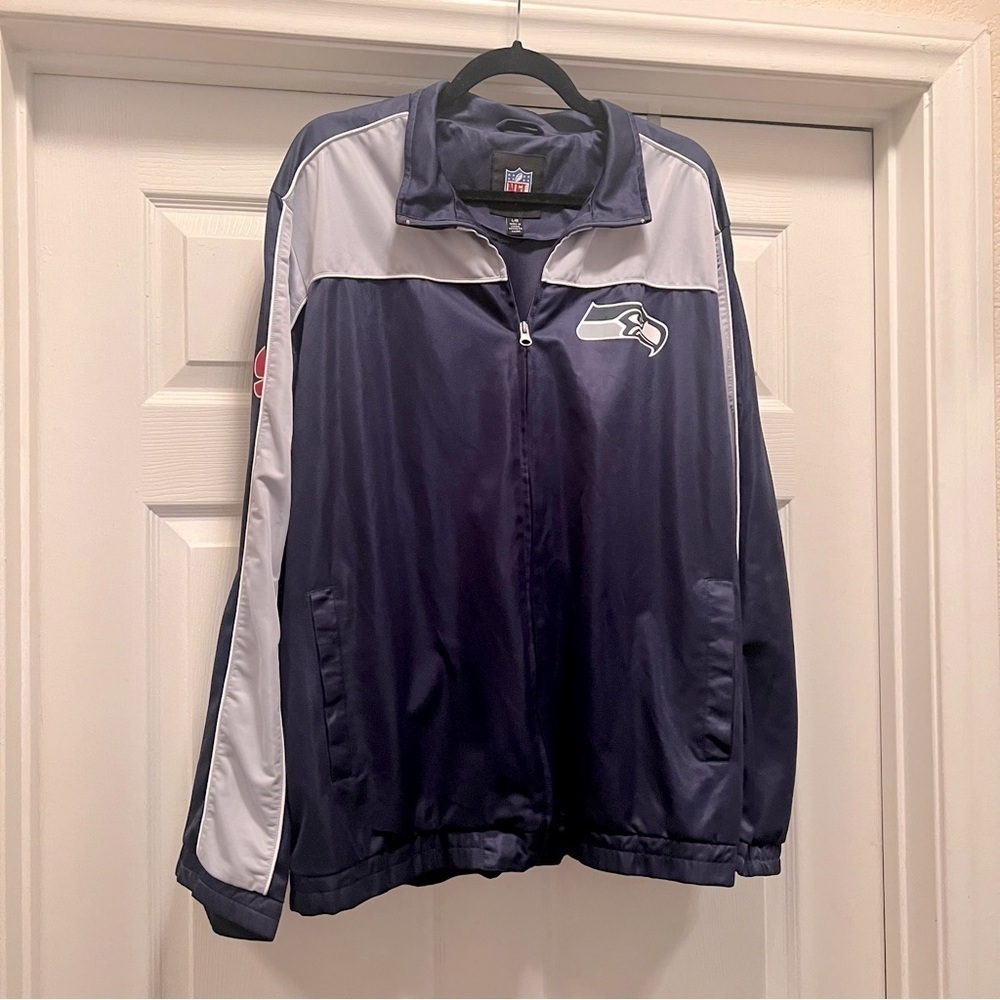 NFL Official Seattle Seahawks Satin Navy Blue Zip Up Jacket Size Large